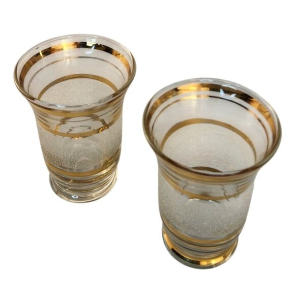 Mid-Century Modern Set Of 2 Frosted Glasses With Gold Stripes 3.25" Tall x 2.25" - Picture 4 of 8